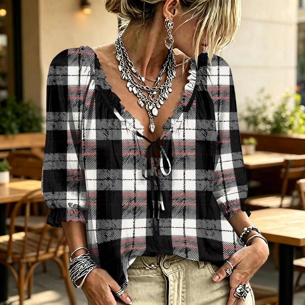 Women's Plaid Print V-Neck Blouse with Ruffle Trim, Tie Front and for Casual Wear