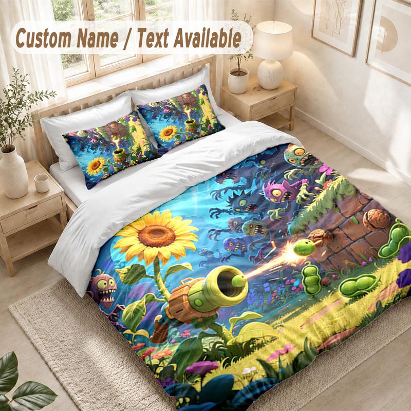 Plants Vs. Zombies Bedding Set, 1 Duvet Cover & 2 Pillowcases Soft Comfortable Bedroom Home Textile Decor