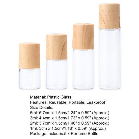 Sticlă de parfum 5 buc. Capac din lemn transparent, bilă de oțel, sticla cu ulei esențial