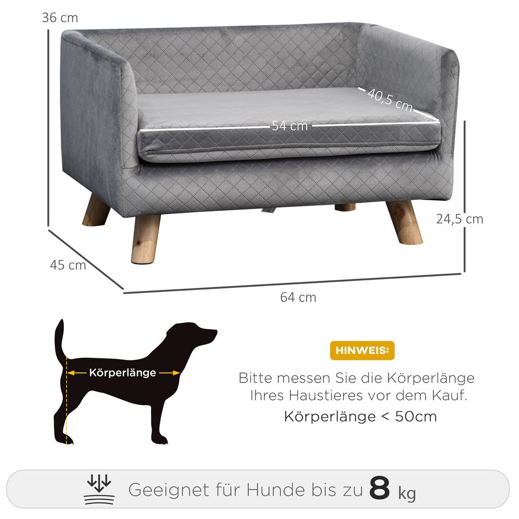 Dog Sofa Dog Bed Dog Couch Made of Velvet with Backrest, Wooden Legs, Cushion, Cat Sofa with Soft Padding, for Small Dogs 64 x 45 x 36 cm Dark Grey