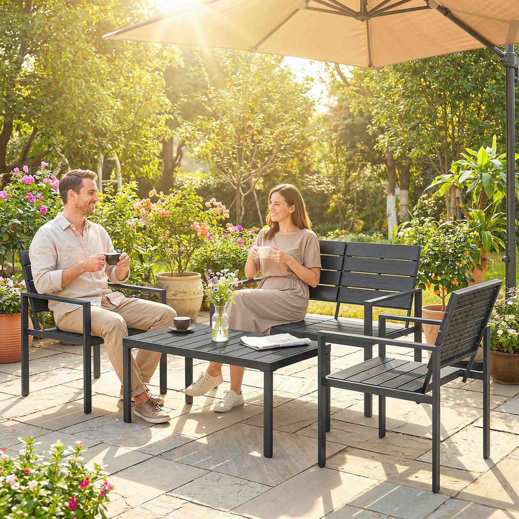 4 Piece Garden Furniture Set, Outdoor Sofa Set with HDPE Slatted Loveseat Armchairs Coffee Table Metal Frame, Black