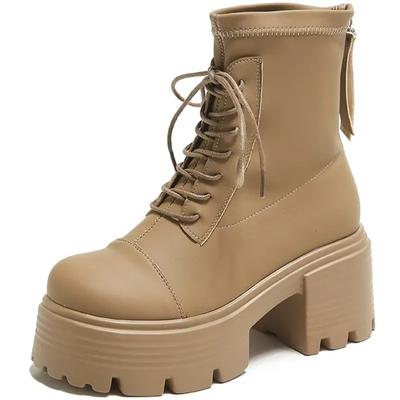 Modne zimowe ciepłe brązowe skórzane botki damskie jesienne wysokie buty na platformie futrzane damskie obcasy 8CM grube buty motocyklowe botki damskie