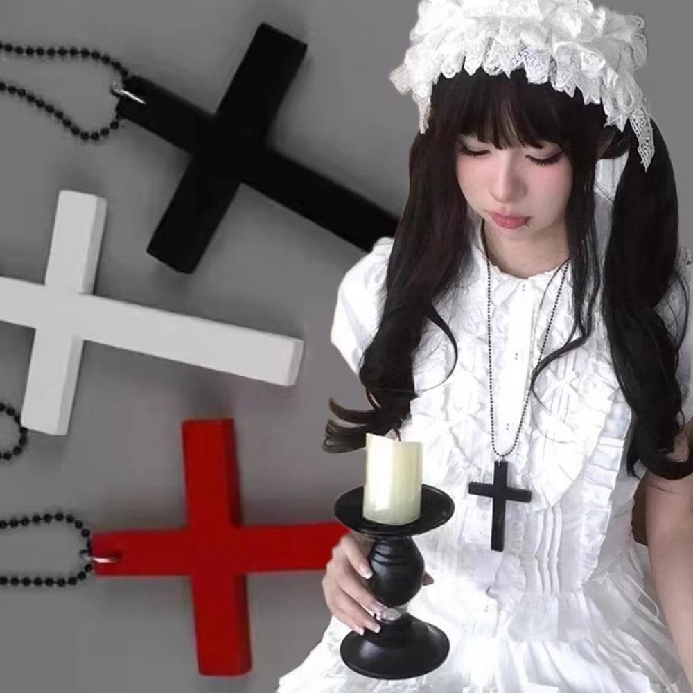White Black Wood Cross Pendant Choker Y2k Cross Necklace Fashion Punk Gothic Necklace Women Men