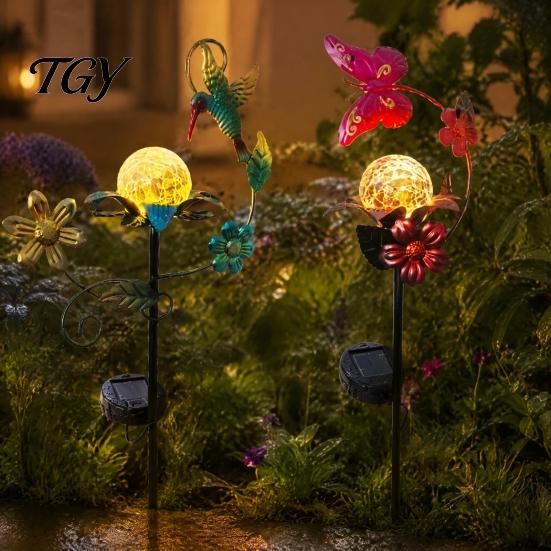 Outdoor Solar Garden Lights Glass Cracked Ball Light, Butterfly Hummingbird Metal Nature Inspired Accents Stake Waterproof Yard Lamp for Patio