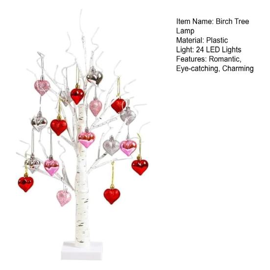 25" Valentine's Day LED Lighted Birch Tree 24 LEDs Artificial Tree Light with Heart Ornaments Romantic Tabletop Decoration for Home Indoor Table Decor