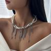 Fashionable Tassels Heart Pendant Necklace with Imitation Pearls and Metal Chain Modern Necklace Present for Women