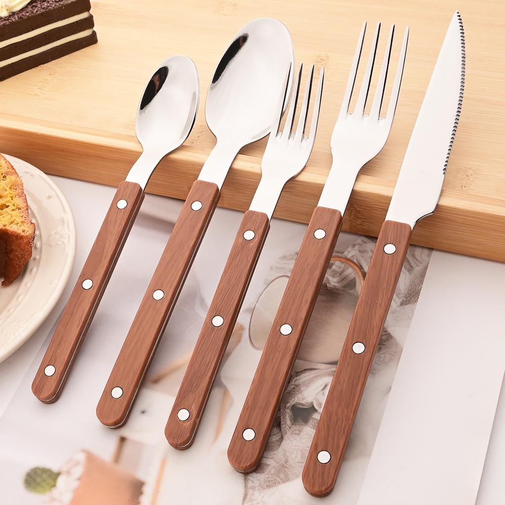 4/5pcs Imitation Wooden Handle Cutlery Set Clamp Stainless Steel Dinnerware Set Western Knife Fork Tea Spoon Tableware Flatware