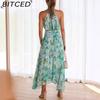 BITCED Dámské letní dlouhé šaty s výstřihem do V, na špagetová ramínka, bez rukávů, s potiskem a plnou sukní