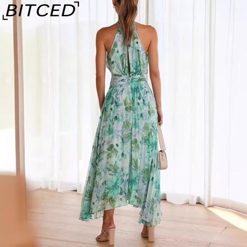 BITCED Dámské letní dlouhé šaty s výstřihem do V, na špagetová ramínka, bez rukávů, s potiskem a plnou sukní