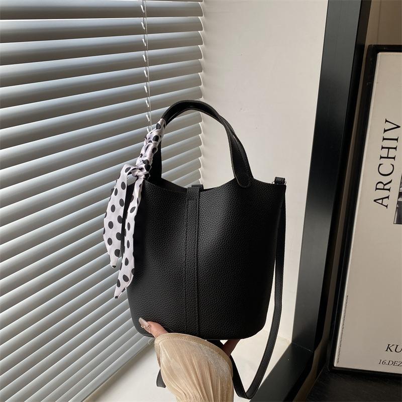 Simple Portable Bucket Bag Women's Bag Autumn and Winter New Splicing Silk Scarf Shoulder Bag Commuter Messenger Bag