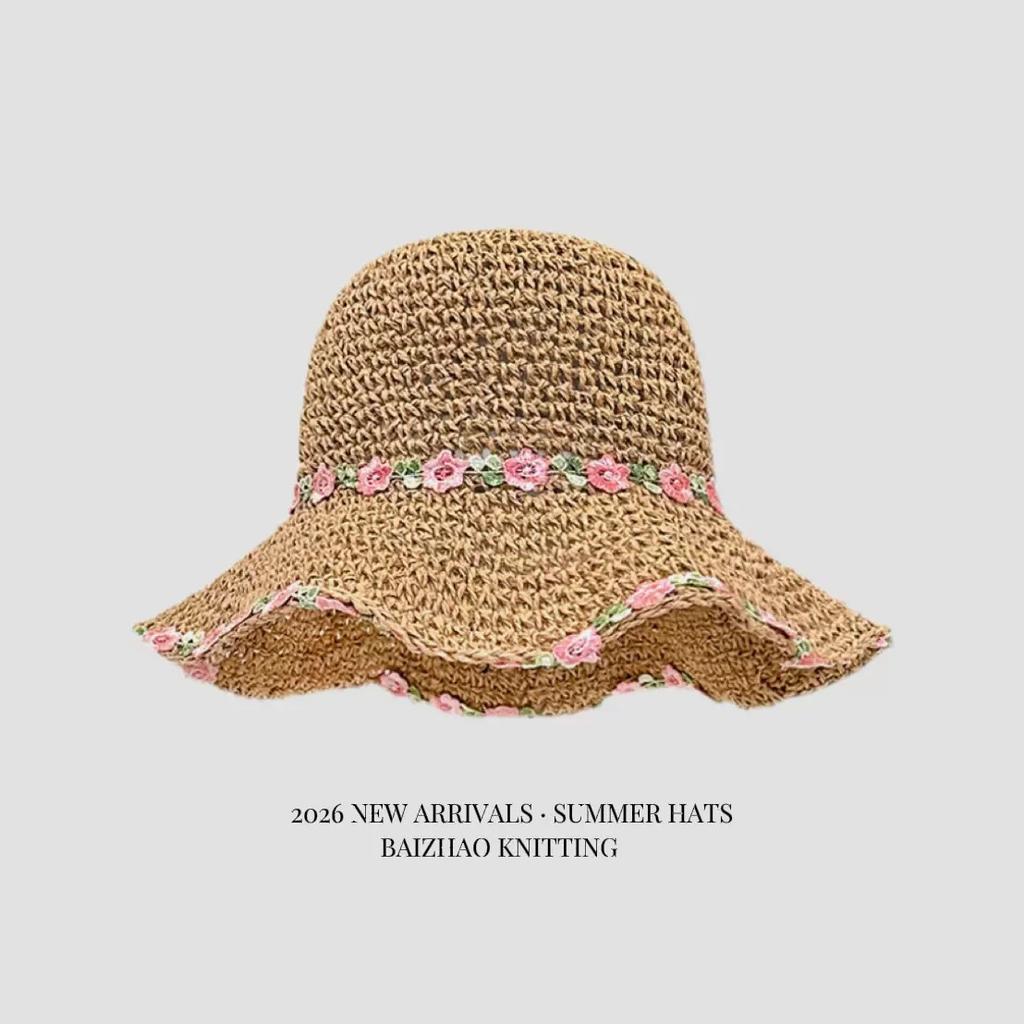 New Mint Mambo Flower Woven Bucket Hat Women's New Seaside Big Brim Straw Hat Sunscreen Hat