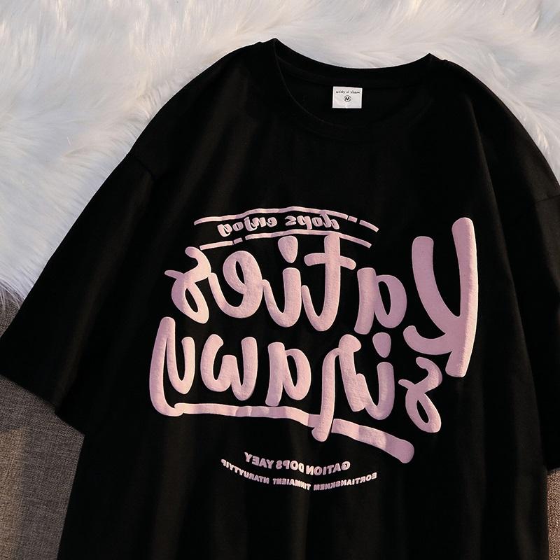 Retro Oversize Ort Sve T-irt K Sle Hong Kong Flavor Street Chic Cotton Round Ne Print Summer Top for Women