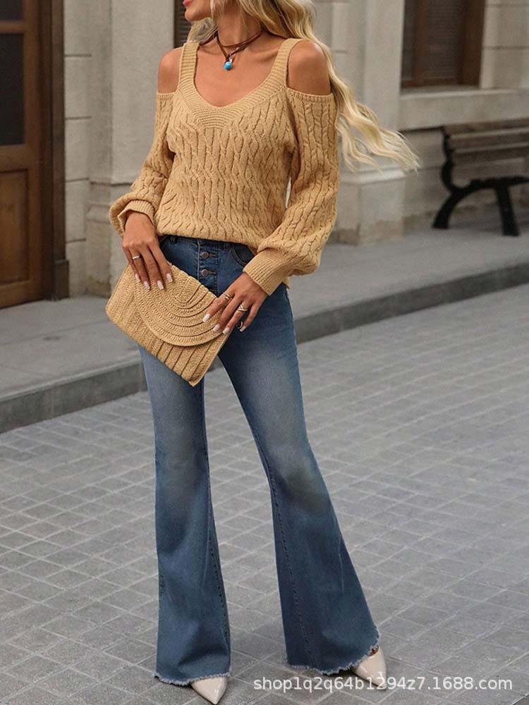 Women's Off-Shoulder Camisole Sweater with 3D Crochet Deep V Cable Knit Design