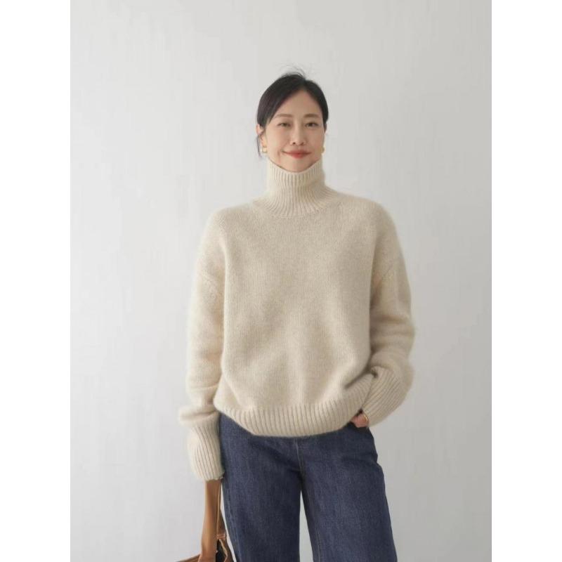 Podzimní a zimní dámský zahuštěný jednobarevný pletený svetr s vysokým výstřihem krátkým dílem na hlavě volný líný svetr