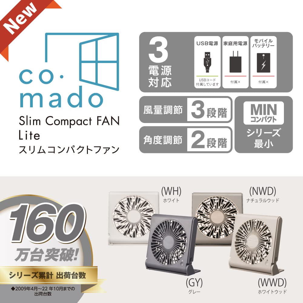 Doshisha Slim Compact Tabletop Fan Easy to 3 Power Sources 3 Speed Airflow Quiet 3cm Lite, Clean, (AC, USB, Mobile), Settings, Up/Down Adjustment,