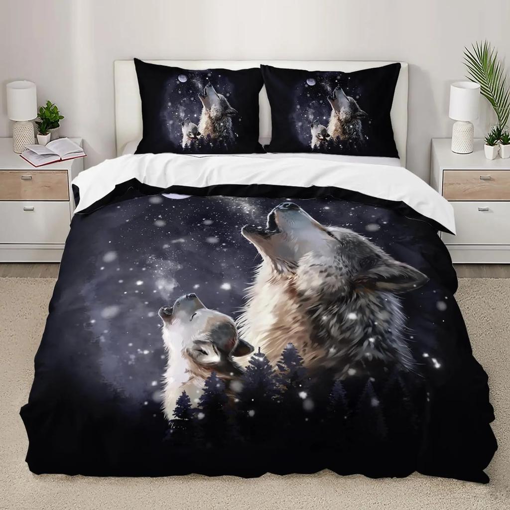 Snow Wolf Duvet Cover Set Full Queen Night Galaxy Starry Wolf Comforter Cover Wild Animals Wolf Themed Bedding Set 2/3 Pieces