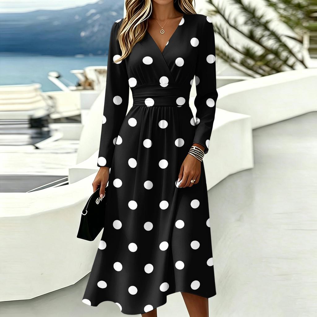 Women's Casual Polka Dot Printed Long Sleeve V-Neck Dress with Pockets