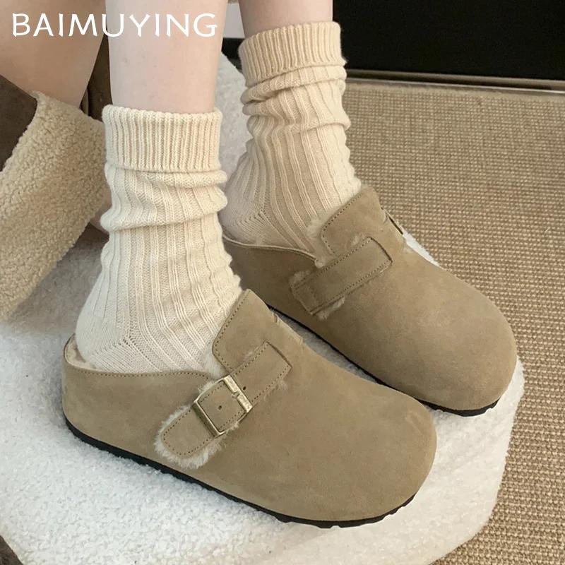 Winter Suede Women Flats Cotton Slippers Short Plush Designer Buckle Casual Mules Shoes 2025 Trend Warm Home Snow Botas De Mujer