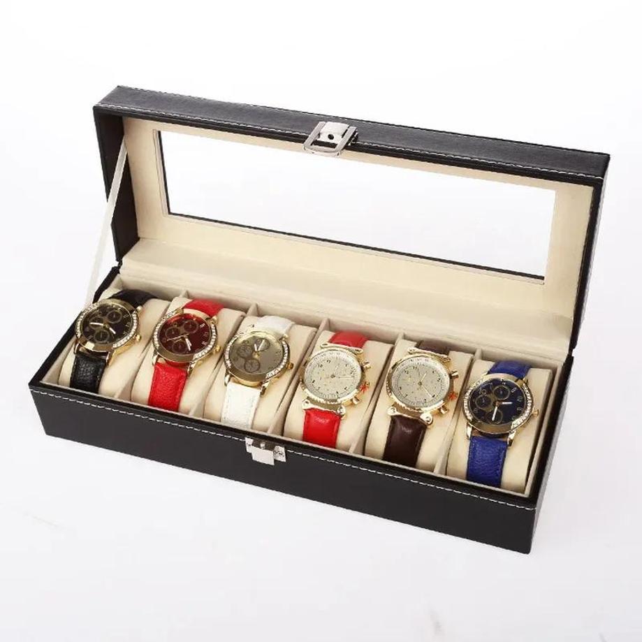 6 Slots Leather Watch Storage Box Organizer New Mechanical Mens Watch Display Holder Cases Black Jewelry Gift Boxes Case