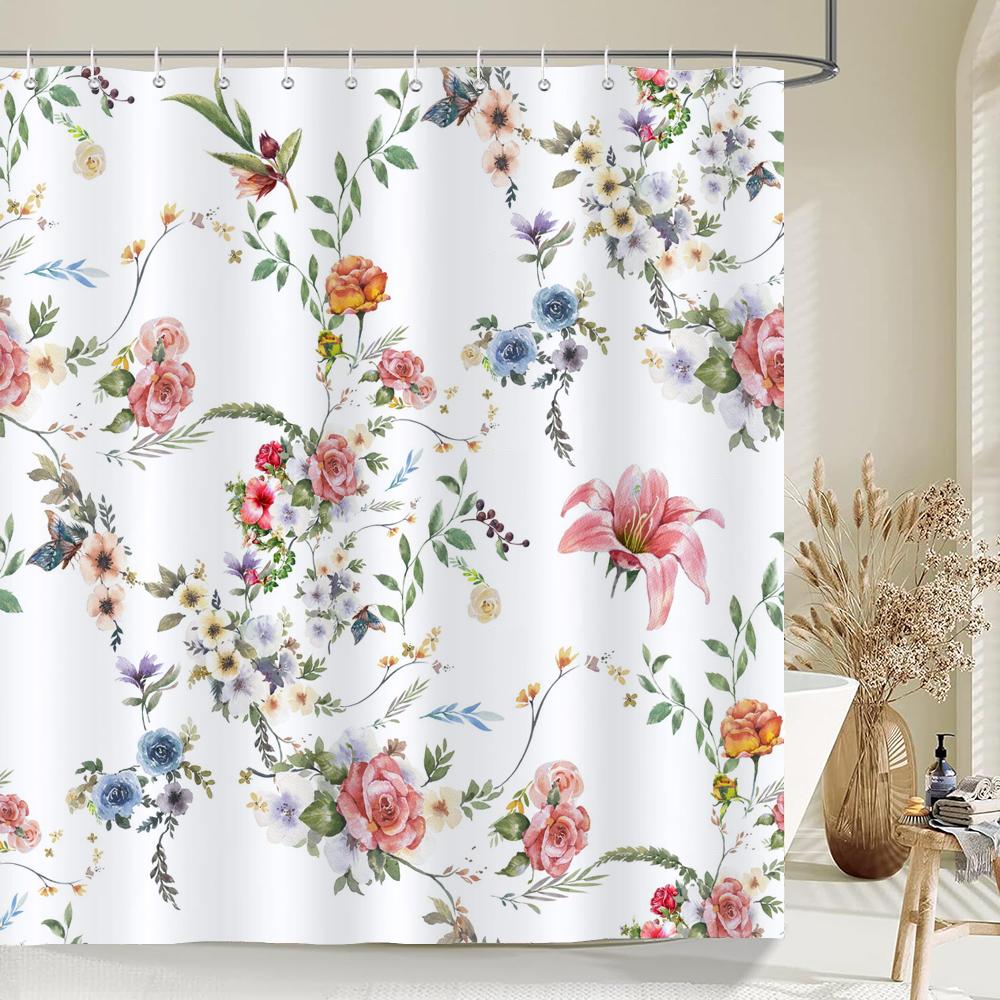 

Bathroom Flowers Shower Curtain Watercolor Plant Floral Art Polyester Fabric Shower Curtain 180 * 180Cm With 12 Hooks W60H190(CM)-1 Pcs