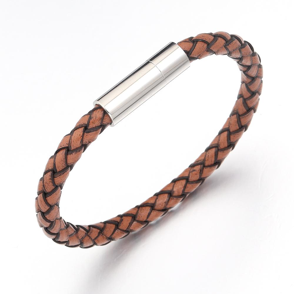 1pc 20cm Simple Design Men s Bracelet Genuine Leather Braided Stainless Steel Magnetic Buckle Bangle For Women Men Jewelry Gifts 20cm