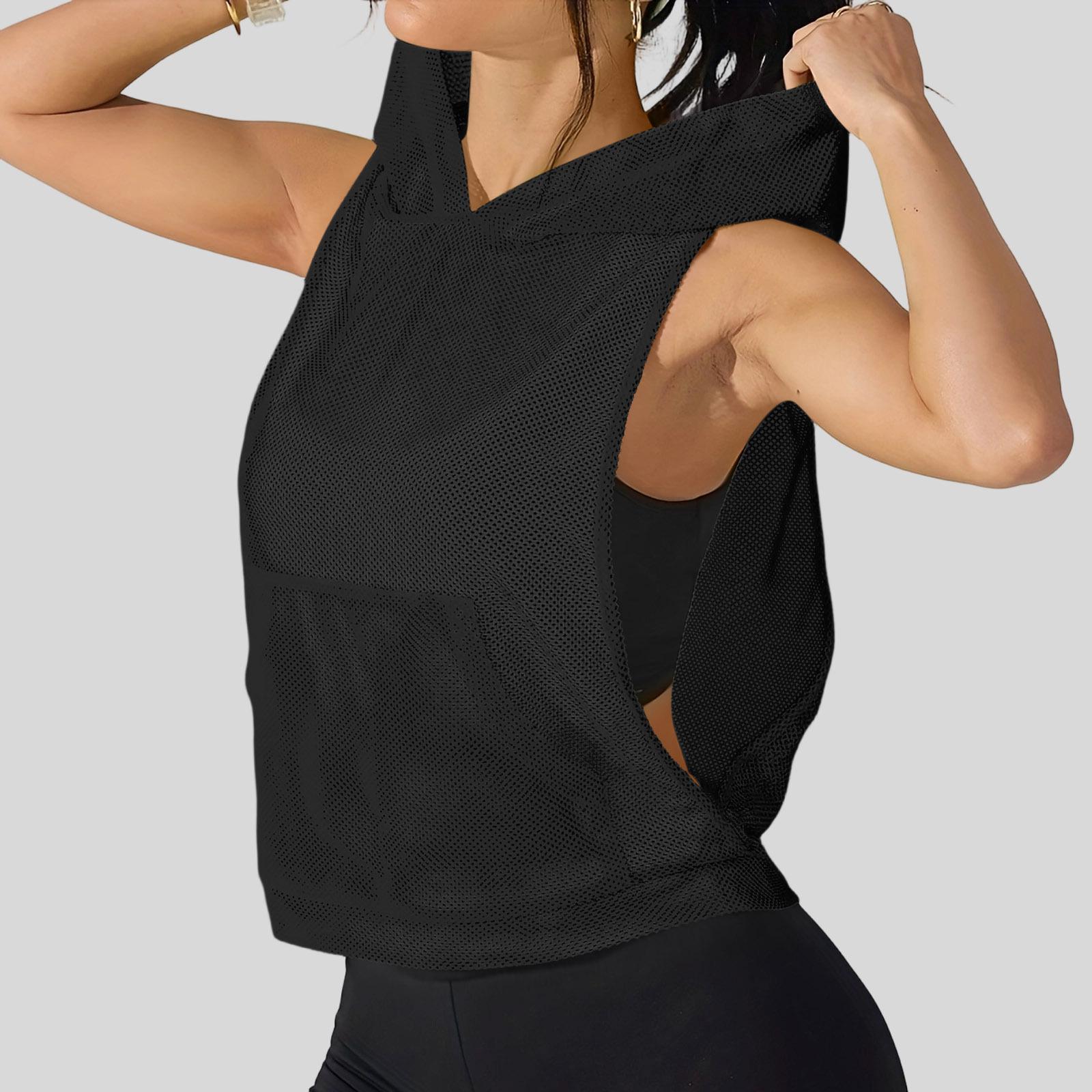 Women Loose Fit Pullover Mesh Hooded Sleeveless Athletic Tank Top Breathable Lightweight Plus Size Workout Shirt L