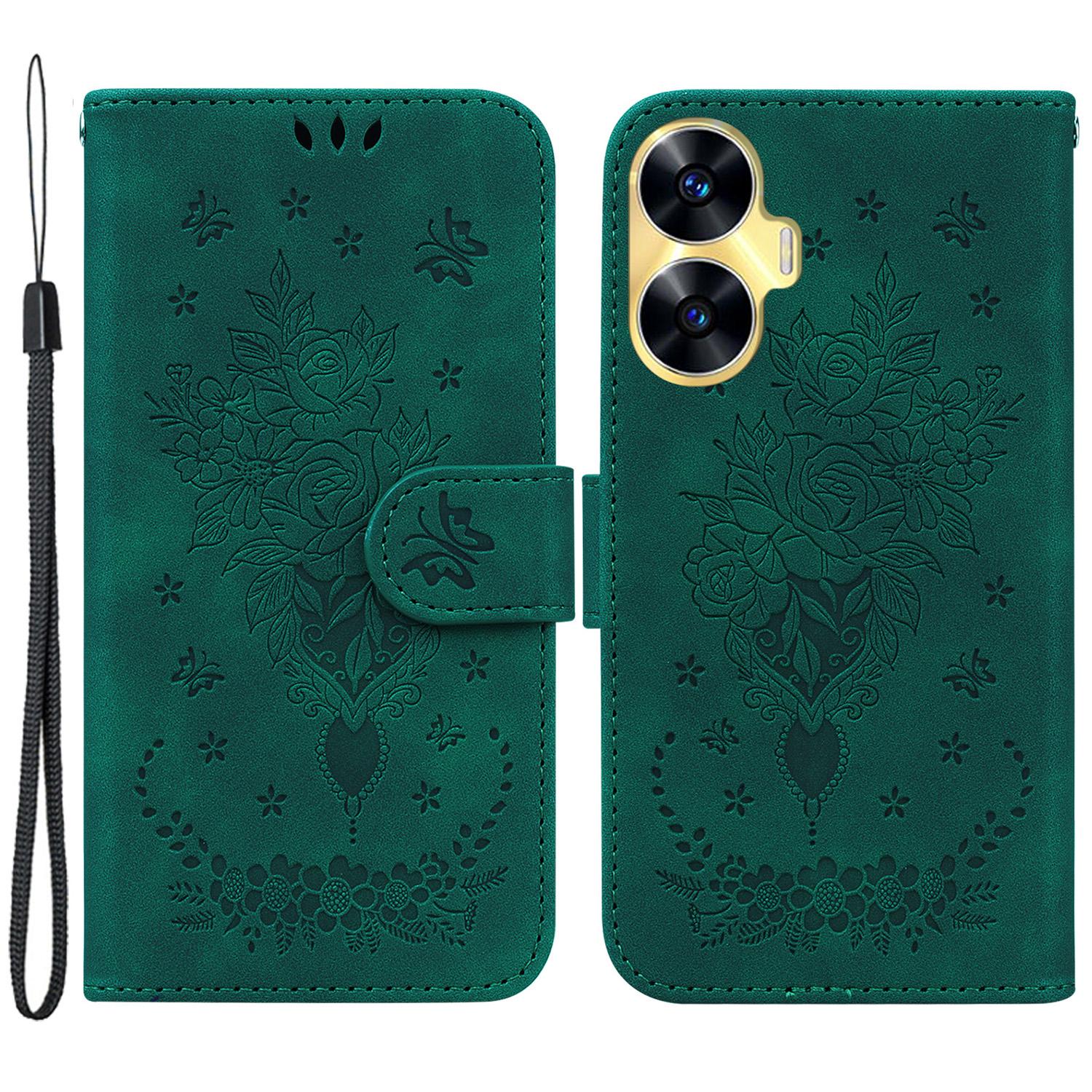 

For Realme C55 Imprinted Rose Butterfly Phone Case Leather Wallet Smartphone Stand Cover Green