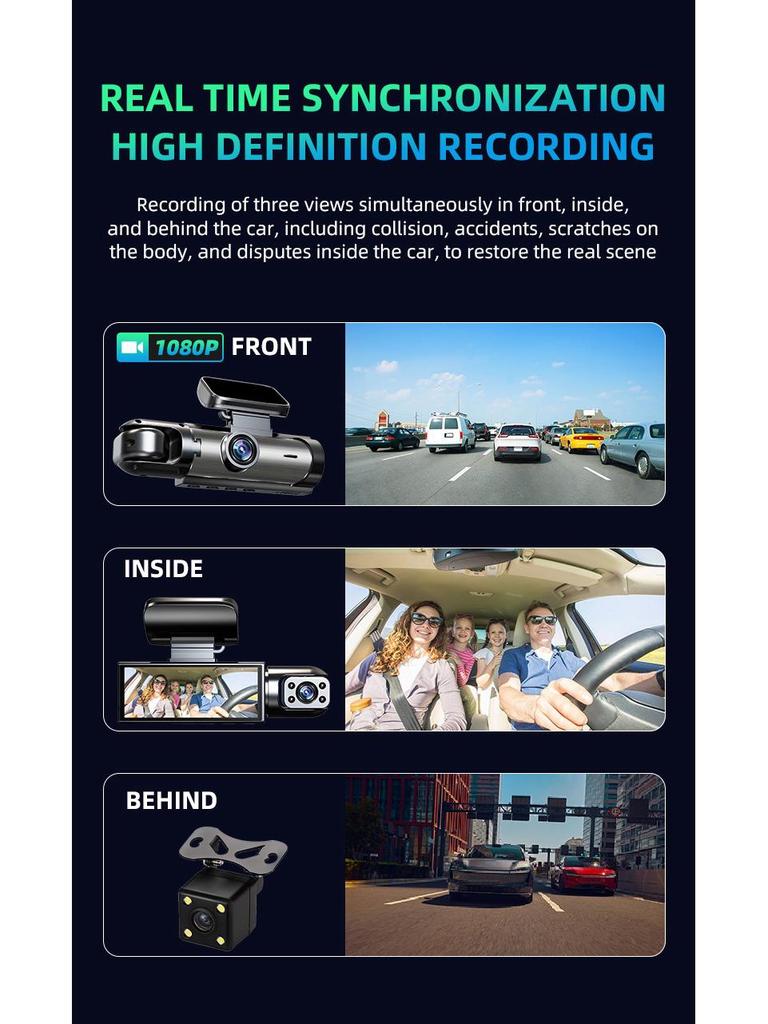 2K Dual-Lens HD Dash Cam with Interior Recording, Night Vision, and WiFi
