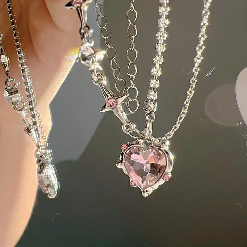 Y2K Crystal Necklaces Gradient Purple Zircon Star Heart Irregular Cross Star Chain Choker Necklace Jewelry Accessories for Girls