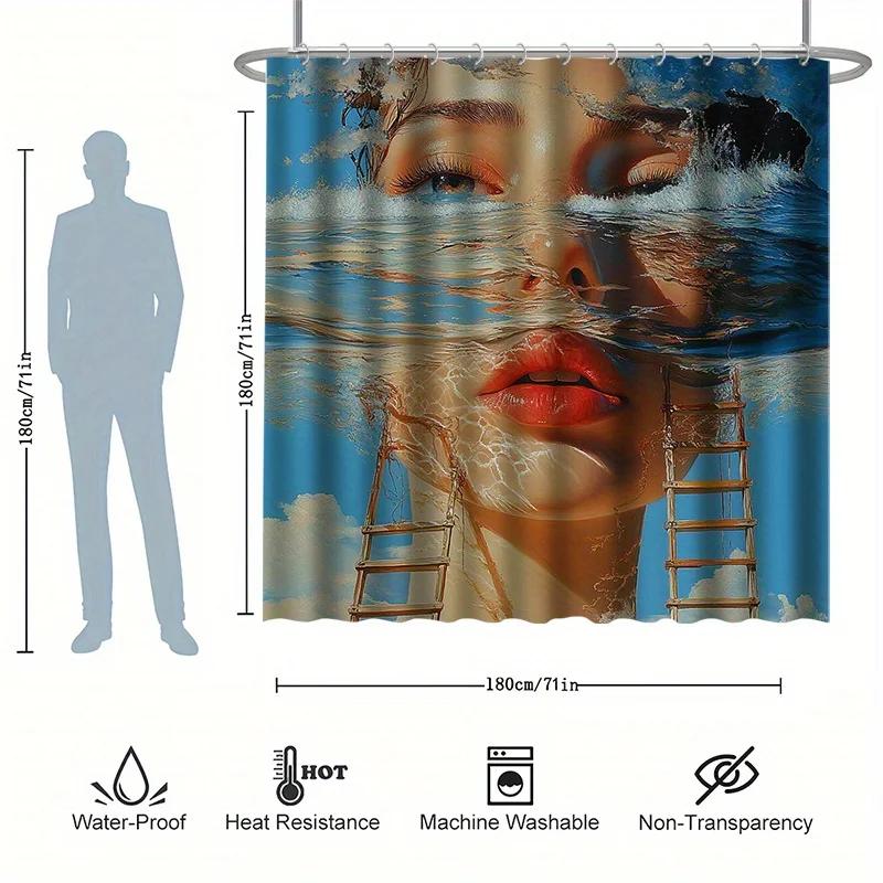 ~O~Art Portrait Shower Curtain Set, Abstract Art, Literary Style, 12 Hooks, Polyester, Bathtub Partition, Modern Bathroom Decor