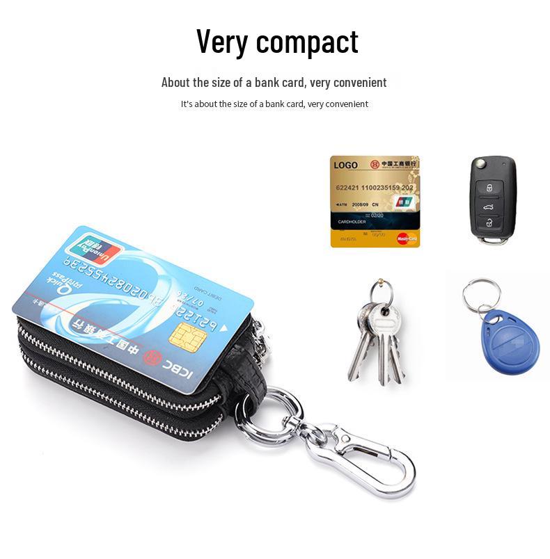 Echtes Leder Doppelschicht Schlüsseletui mit Litschi-Muster, Reißverschluss-Münzfach und Universal-Schlüsselring