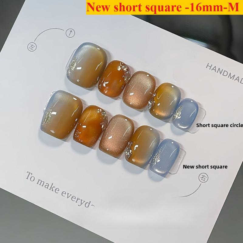 New Autumn&Winter Amber Smudging Design Candy-colored Cat's Eyes Handmade Press On Nails Short Fake Nails Gift for Girls&Women