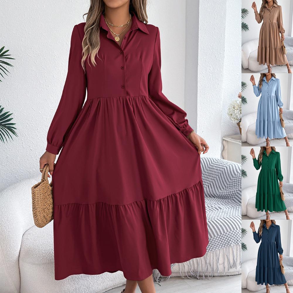 Women's Long Skirt Lapel Casual Loose Long Sleeve Ruffle Shirt Dress Fashion Dresses