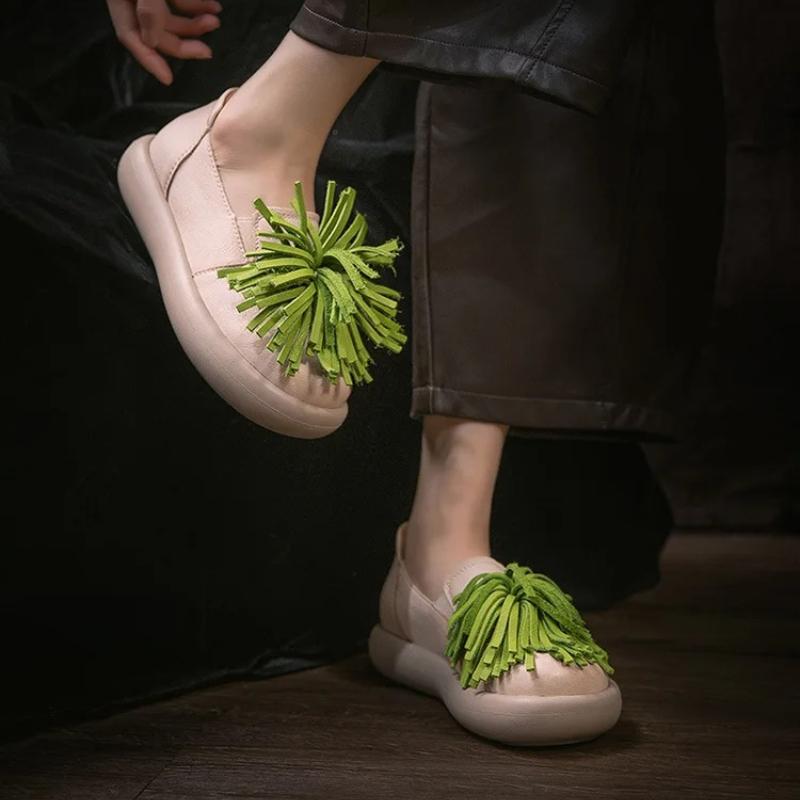 Johnature Genuine Leather Comfortable Ethnic Style Slip-on Shoes Versatile Soft Soled Women's Flat Shoes