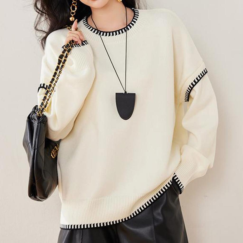 Women's Fashionable Casual Versatile Lazy Style Contrast Round Neck Pullover Long Sleeve Loose Knitted Sweater