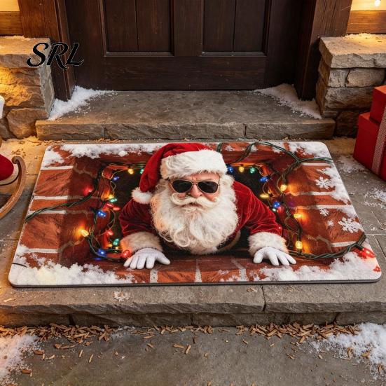 Anti Slip Kitchen Floor Runner 3D Christmas Entrance Rug, Santa Claus Snowman Mat, Non-slip Soft Crystal Velvet Mat Festive Rug for Front Door