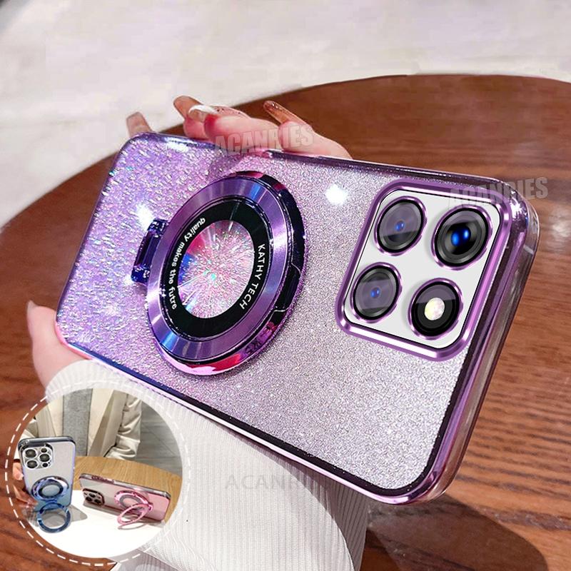 Honorx8c Luxury Glitter Plating Holder Silicone Case For Honor X8c X8b X6b X6a X6 X8 4g 5g X7a X9a X9b X9c Soft Stand Back Cover