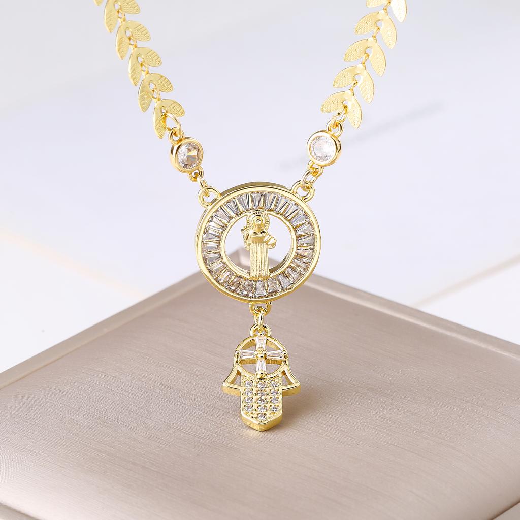Our Lady of Guadalupe Hamsa Hand Stainless Steel Chain Necklace Gold Plated Zircon Religious Zircon for Women Charm Amulet Gift