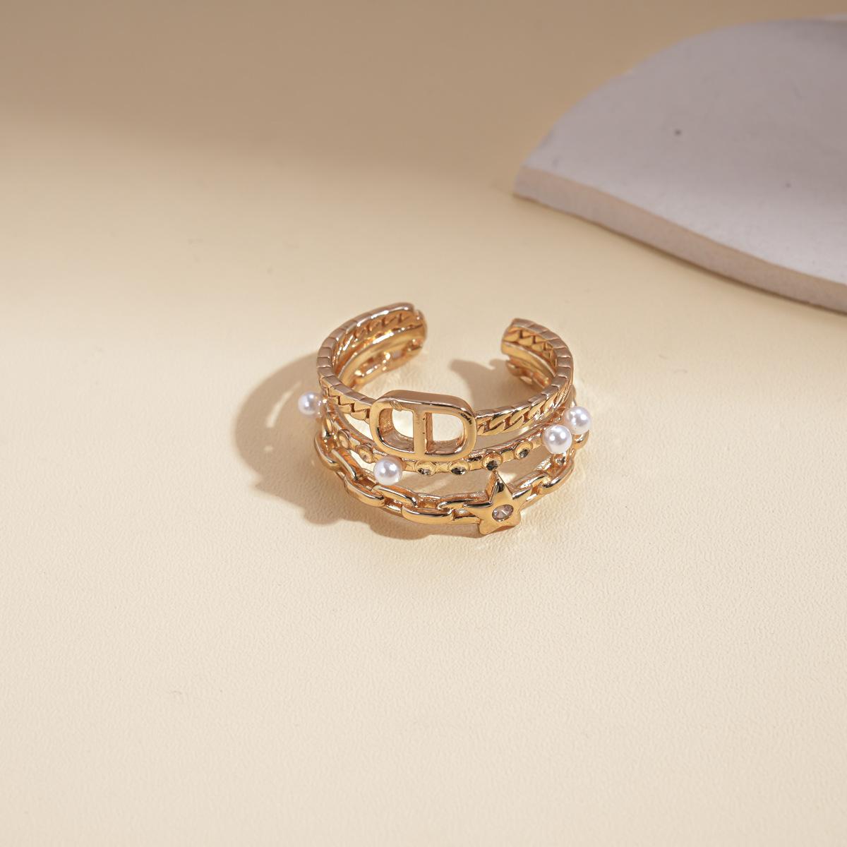 Zircon imitation pearl star CD pig nose three-layer ring retro light luxury jewelry