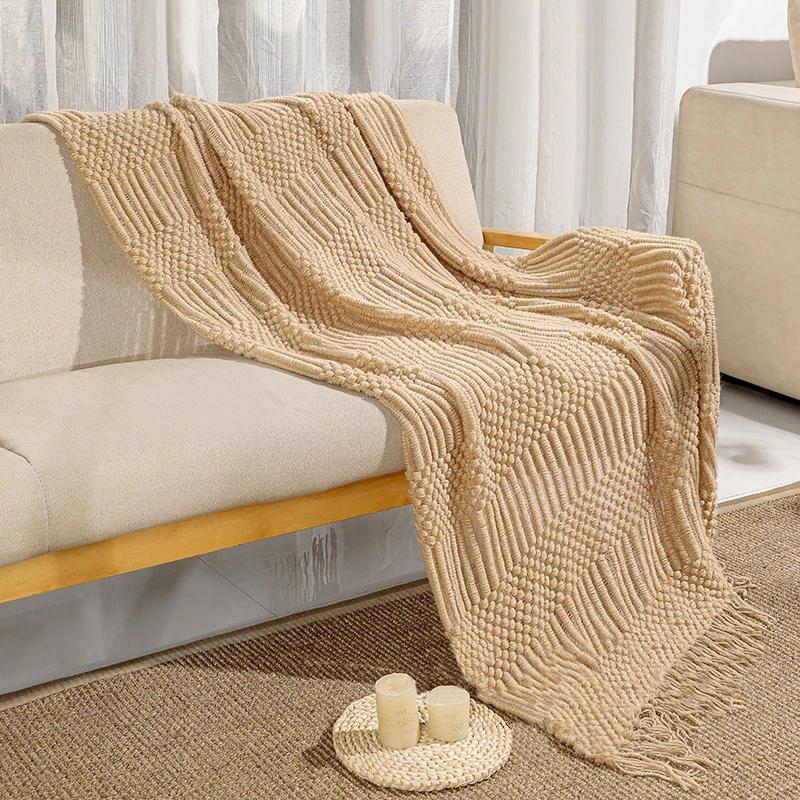 Nordische Strickdecke Einfarbig Sofadecke mit Quasten Reise Leichte Luxusdecke Pucken für Bett Heimdekor 130x180cm