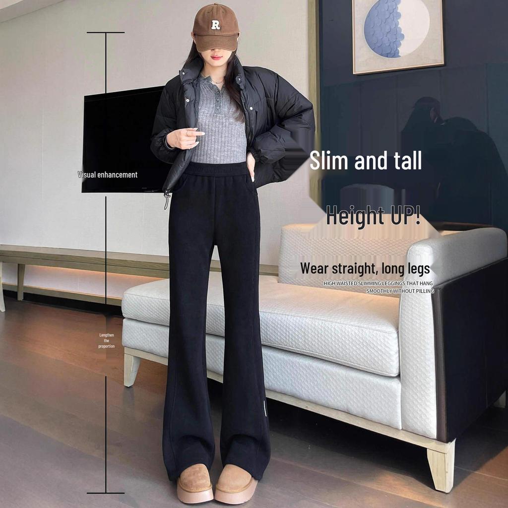 Chenille Fleece-Lined Bell Bottom Pants for Plus-Size Women - Autumn/Winter Lambswool Cotton Micro-Flare Warm Pants