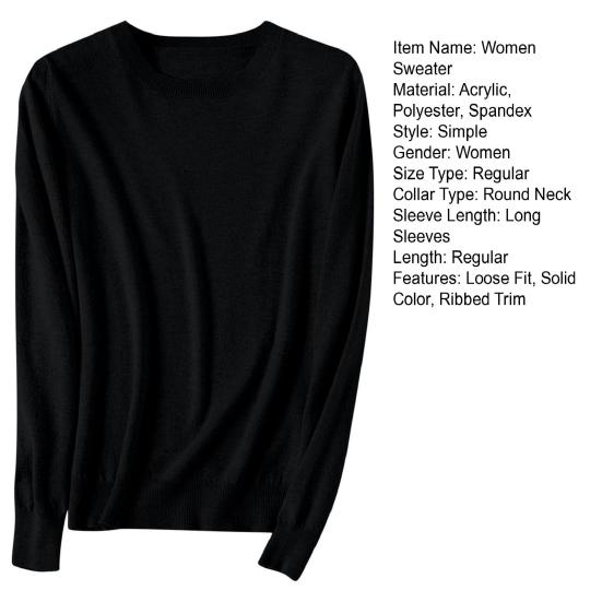 Women Sweater Round Neck Long Sleeve Ribbed Trim Knitting Tops Solid Color Warm Pullover Tops Knitwear