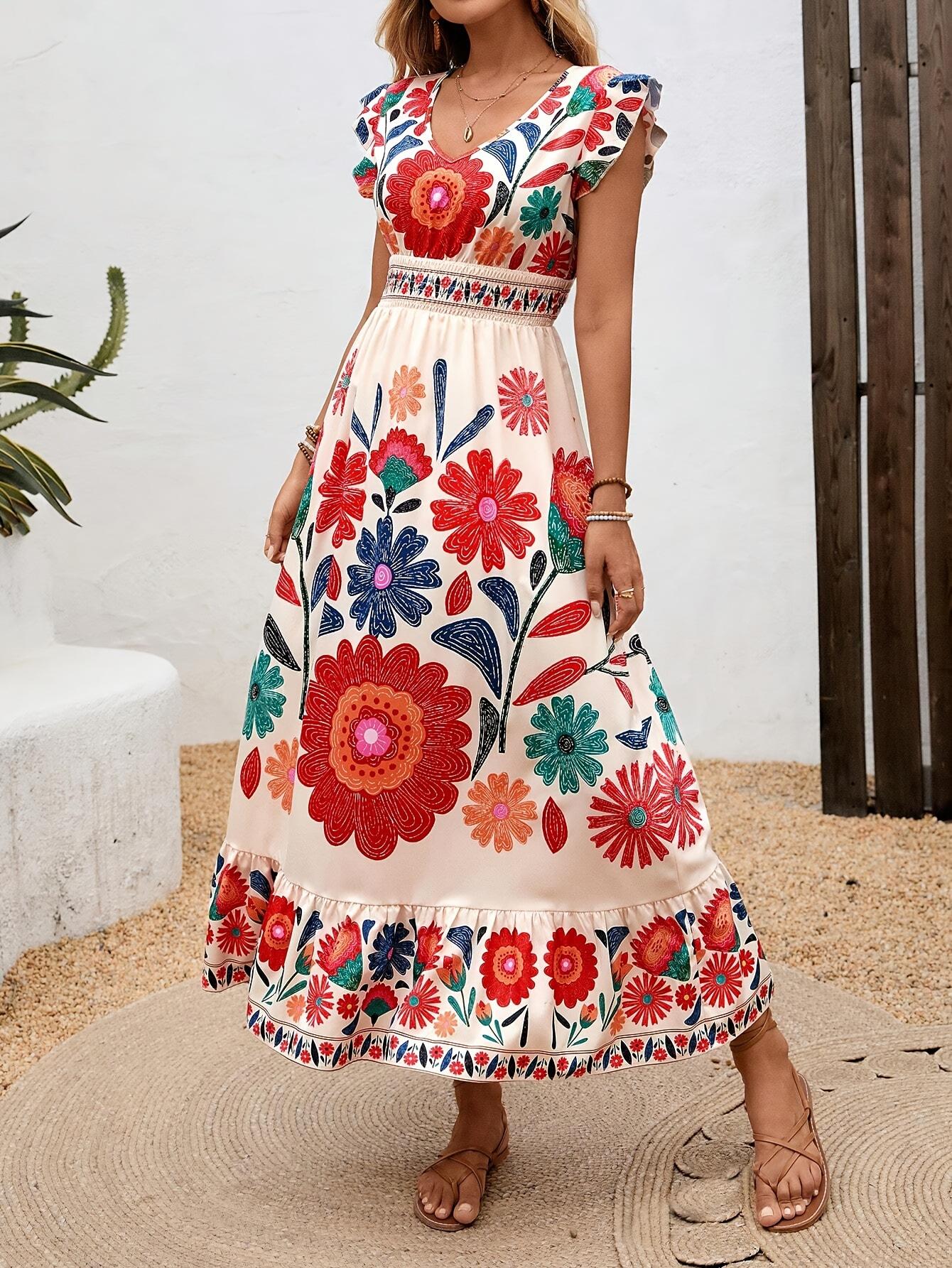 Women s V Neck Floral Print Midi Dress with Sleeveless Ruffle Sleeves S