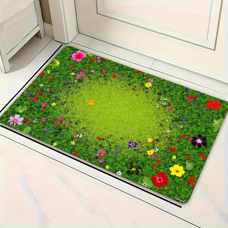 Lush Grass and Bloom Print Entry Mat Washable Soft Door Mat for Kitchen Living Room Bedroom Indoor Spring Decor Floor Mat