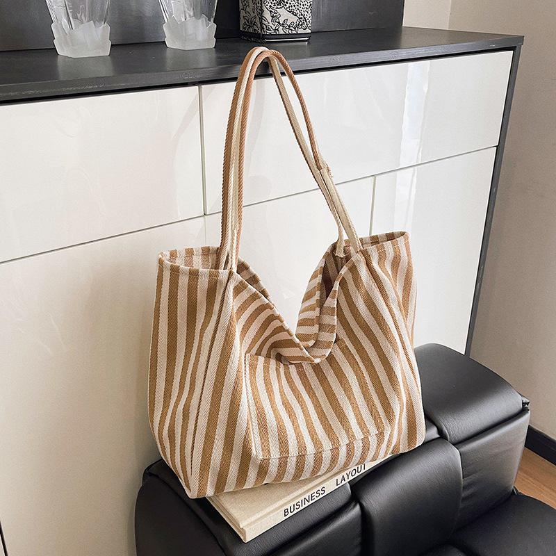 Korean Retro Stripe Canvas Tote: Versatile, Large-Capacity, Casual Single Shoulder Women s Bag