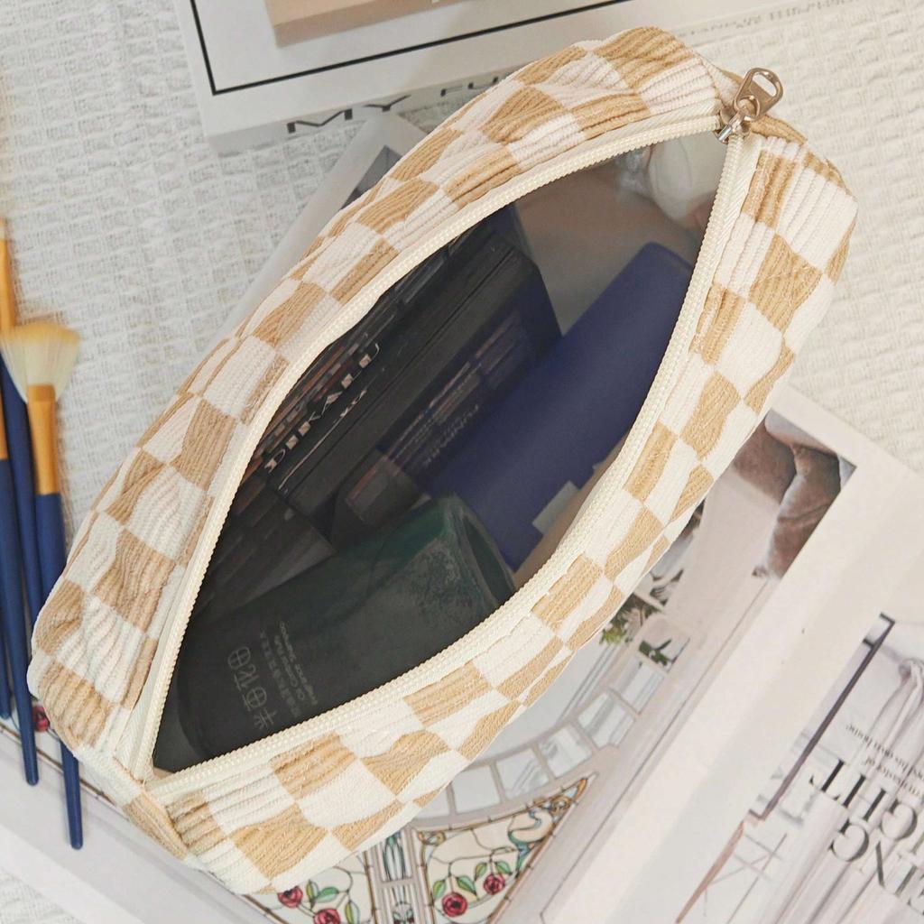 Simple Premium Makeup Bag In Checkered Pattern, Multifunctional Makeup Storage Bag Tote Bathroom Shower Purse Bag Portable Makeup Brush Clutch Bag