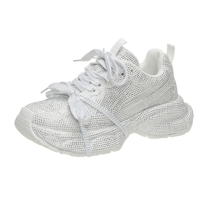 Fashion 5cm Genuine Leather Rhinestone Bling Chunky Sneakers Spring Autumn Rubber Soles Breathable Platform Wedge Women Fashion Shoes