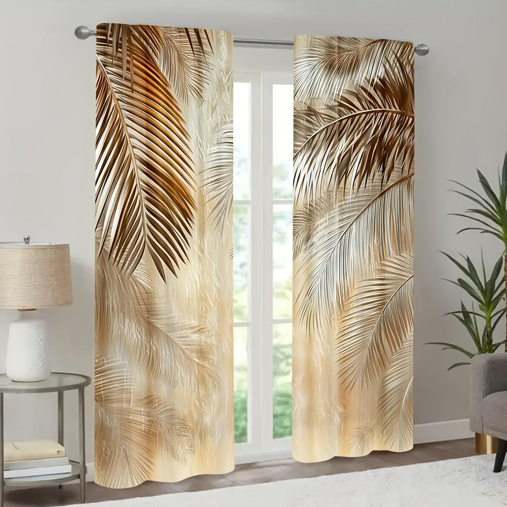 2 Pieces Brown Palm Leaf Print Pattern Curtains   Polyester Fabric   Suitable for Bedroom Living Room Decoration