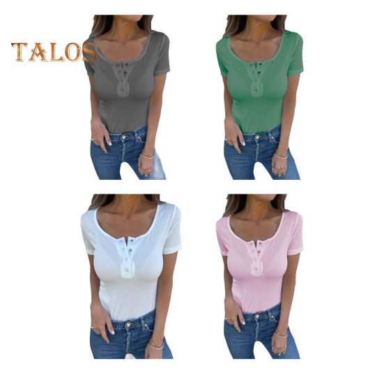 Dame T-skjorte O-hals Knapper Halv knepping Kort ermet T-skjorte Ensfarget Slim fit Pullovertopper Hverdagsbruk