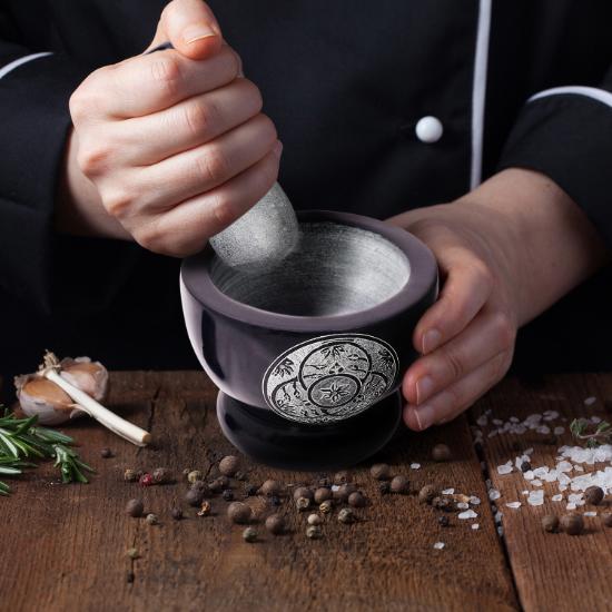 Divit Shilp Mortar and Pestle, Natural Stone Grinder for Spices, Pastes, Herbs, Seasoning etc. (Black with Engraving)